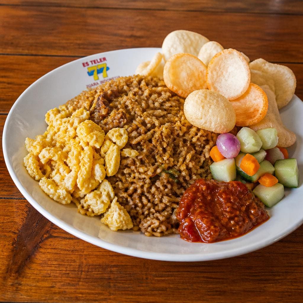 Nasi Goreng Sambal Terasi Es Teler 77 dengan telur orak-arik dan acar